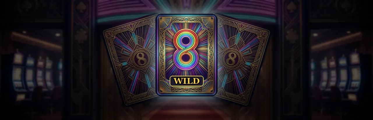 Ultra-wide library hero: a rainbow wild 8 card standing centre-frame in a mirrored casino hall, flanked by two more 8s.