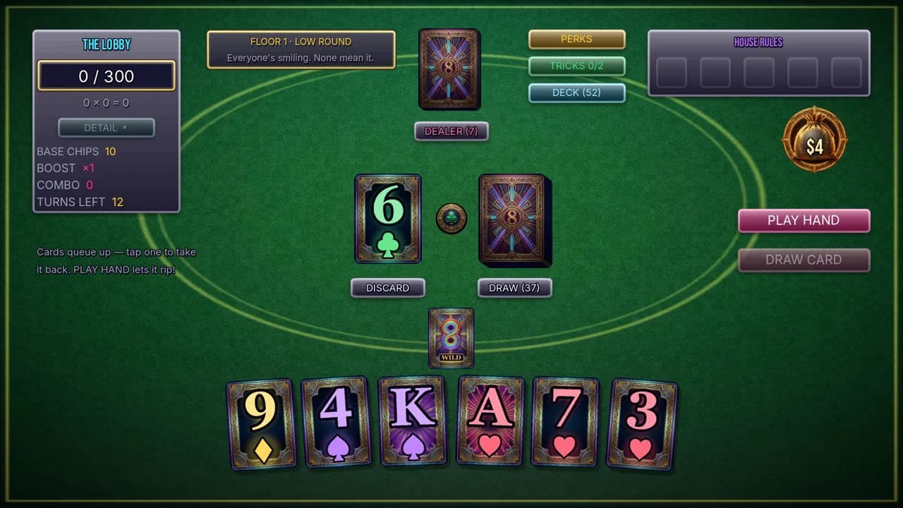 A fresh deal on Floor 1, The Lobby: a 6 of clubs on the discard pile, a wild 8 queued to play, six cards in hand, and a score of 0 out of 300.