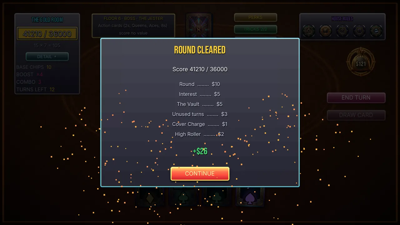 Round cleared in The Gold Room, 41210 against a target of 36000, with the payout broken down to a total of plus 26 dollars under falling confetti.