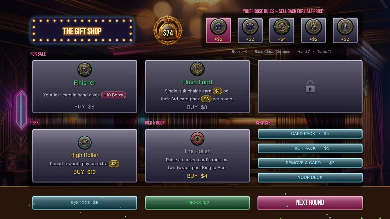 The Gift Shop between rounds, selling the Finisher and Flush Fund House Rules, a High Roller perk, and card packs, with five owned House Rules racked up top.