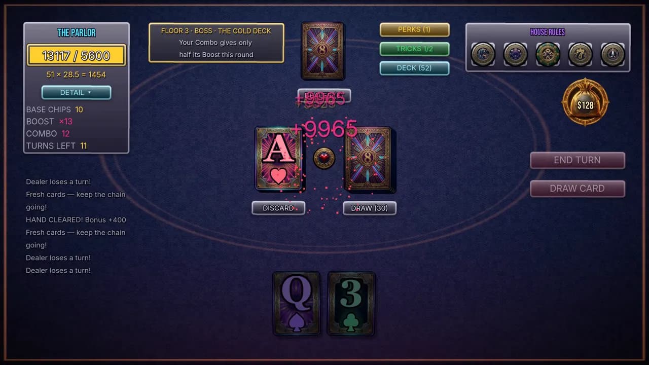 A 9965-point hand landing on Floor 3 against The Cold Deck, pushing the score to 13117 against a target of 5600 with a ×13 Boost and a 12 Combo.